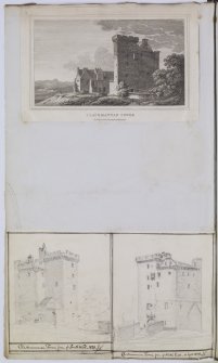 Digital copy of page 52V. Engraved view of Clackmannan Tower from NE and two pencil sketch views from NE and from SW.
MEMORABILIA, JOn. SIME  EDINr.  1840