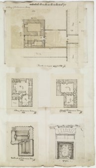 Digital copy of page 53. Detail of chimney piece in South room on third floor and plans of first, second, third and fourth floors and battlements of Clackmannan Tower.
MEMORABILIA, JOn. SIME  EDINr.  1840
