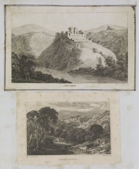Page 53 verso: Two engravings showing general views of Castle Campbell.
'MEMORABILIA, JOn. SIME  EDINr.  1840'
