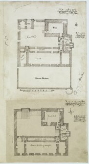 Digital copy of page 54: Ink sketch plans of Ground and Second Floor of Castle Campbell.
'MEMORABILIA, JOn. SIME  EDINr.  1840'