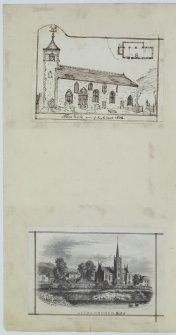 Digital copy of page 55 verso: Ink sketch and plan of Alloa Church from SW and engraving of Alloa Church.
'MEMORABILIA, JOn. SIME  EDINr.  1840'