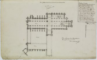 Digital copy of page 59: Ink sketch plan of Dunfermline Abbey, with written detail of inscription from a monument
Insc. "Plan of Dunfermline Abbey, restored, showing ye Church in original state. Extended 19th July 1841. J.S."
'MEMORABILIA, JOn. SIME  EDINr.  1840'