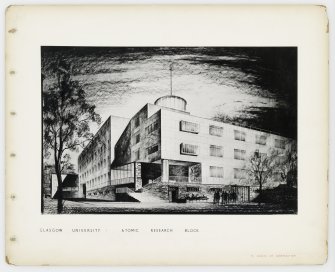 Page of practice portfolio showing perspective of Atomic Research Block, Glasgow University. 
