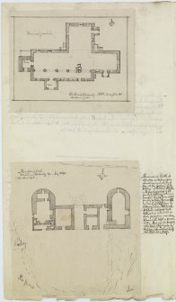 Digital copy of page 62 verso: Ink sketch plan of Old Church, Kirkcaldy and of Ravenscraig Castle, with details of history of Castle.
'MEMORABILIA, JOn. SIME  EDINr.  1840'