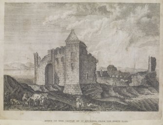 Engraving showing the ruins of St Andrews Castle.
Titled; "Ruins of the Castle of St Andrews, from the North East.  For the Edin.r Mag.e pub.d 1st Jan.y 1801"
'MEMORABILIA, JOn. SIME  EDINr.  1840'