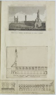 Digital copy of page 68: Engraving showing general view of ruins of St Andrews Cathedral and the Chapel of St Rule, and ink sketches showing South side of the Nave and insides of  West wall of South Transept and West wall of St Andrews Cathedral.
'MEMORABILIA, JOn. SIME  EDINr.  1840'