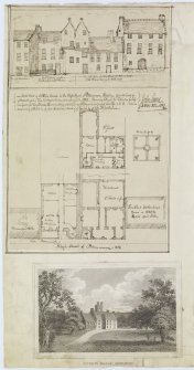 Digital copy of page 72 verso:  Ink sketch of South front and plan of houses in High Street, Pittenweem and an engraving showing general view of Lundin House.
'MEMORABILIA, JOn. SIME  EDINr.  1840'