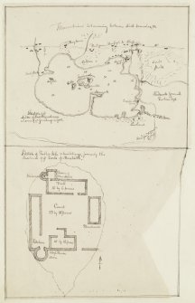 Digital copy of page 77 verso: Ink sketch general plan of Lake Inschemachame and surrounding land and an ink sketch plan of Talla-Isle, Lake of Menteith.
'MEMORABILIA, JOn. SIME  EDINr.  1840'