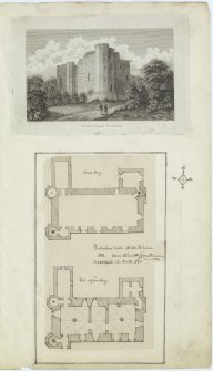 Digital copy of page 79: Engraving showing general view of Tulliallan Castle and ink sketch plans of First or Ground and Second Floors of Tulliallan Castle.
'MEMORABILIA, JOn. SIME  EDINr.  1840'