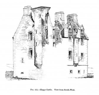Engraving showing Haggs Catle, Glasgow. 
Inscr: "Haggs Castle. View from South-West"
