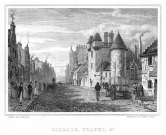 Engraving showing view of Gorbals. 
Inscr: "Gorbals Chapel and etc"