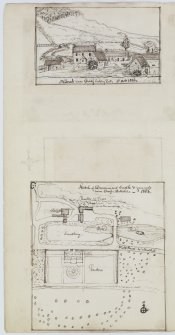 Digital copy of page 79 verso: Ink sketches of Milnab and plan of Drummond Castle and grounds, both near Crieff.
'MEMORABILIA, JOn. SIME  EDINr.  1840'