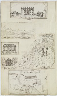 Digital copy of page 80 verso: Ink sketches of Balgowan House, Mount Hatton near Dunkeld, Ossian Hall in Dunkeld and Ramsay Tower near Madderty.
MEMORABILIA, JOn. SIME EDINr. 1840'