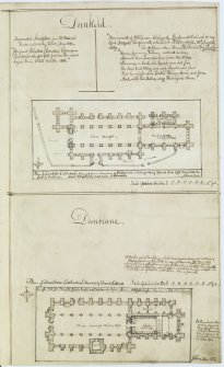 Digital copy of page 81: Ink sketch plan of Dunkeld Cathedral, with written text detailing inscriptions from monuments, and of Dunblane Cathedral.
'MEMORABILIA, JOn. SIME  EDINr.  1840'
