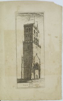 Digital copy of page 83: Engraving showing general view of Old Steeple of St Mary's Church, Dundee
Insc. "Dundee. Old Steeple. 156 Feet high. Edin.r Pub. by H.Paton"
'MEMORABILIA, JOn. SIME  EDINr.  1840'