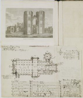 Digital copy of page 88 verso:  Engraving showing general view of Elgin Cathedral and ink sketch plan of Elgin Cathedral, with written notes relating to dimensions.
'MEMORABILIA, JOn. SIME  EDINr.  1840'