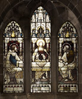 Interior.  Steven Chapel.  View of stained glass window by Heaton, Butler & Bayne of Summer at Emmaus