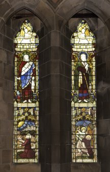 Interior.  Steven Chapel.  View of stained glass window by Burlison & Grylls