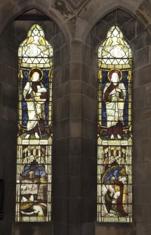 Interior.  Steven Chapel.  View of stained glass window by Burlison & Grylls