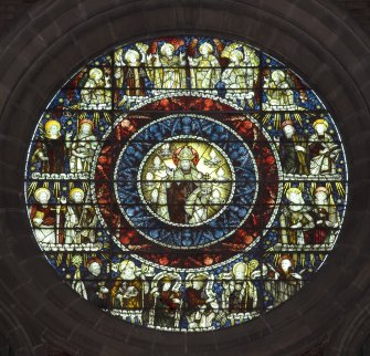 Interior. Chancel. View of stained glass oculus of Christ Enthroned by C E Kempe c.1898