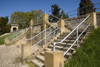 Double stone stair to upper terrace, view from S