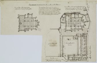 Digital copy of page 6a: Ink sketches of plans of Trinity College Church and Hospital.
Insc. "Ground Plan of Trinity College Kirk as fitted with new seating & no gallery 1815.  Ground Plan of Trinity College Kirk, Edinburgh previous to being repaired in 1814-15, with the Trinity Hospital adjacent thereto."
'MEMORABILIA, JOn. SIME  EDINr.  1840'