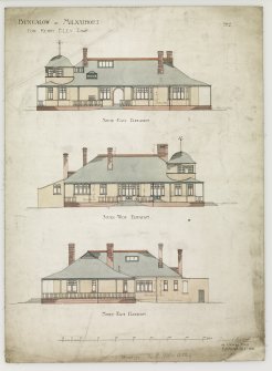 Milnathort, Bungalow for Henry Eley.
Elevations.
Titled: 'Bungalow At Milnathort   For Henry Eley Esqre'.
Insc: 'No.2'.   '94 George Street   Edinburgh   Feby. 1896'.
Insc on verso: 'Bungalow At Milnathort'.
Signed: 'Dunn and Findlay Architects'.