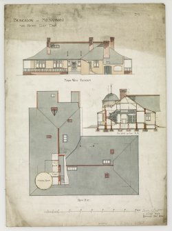 Milnathort, Bungalow for Henry Eley.
Elevation, section and roof plan.
Titled: 'Bungalow At Milnathort   For Henry Eley Esqre'.
Insc: 'No.3'.   '94 George Street   Edinburgh   Febr. 1896'.
Signed: 'Dunn and Findlay Architects'.