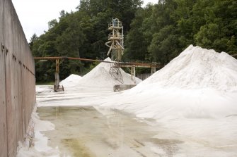 View from N of fines and standard sand stockpiles ready for shipping to Runcorn in Cheshire.