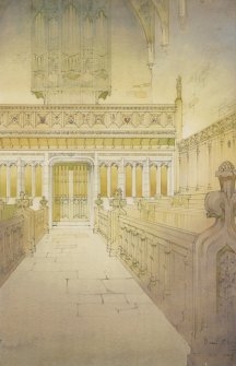 Perspective drawing of aisle and organ gallery in St Salvator's College Church, St Andrews.