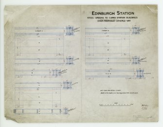 Caledonian Railway Company, Railway Station.
Digital image of drawing showing 'Edinburgh Station- Steel Girders to carry Station buildings over proposed covered way. ' 
