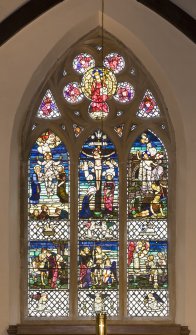 Interior. View of Chancel  memorial stained glass window to Rev Dr John Macleod Campbell by Clayton and Bell 1873