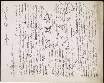 Digital copy of letter (pages 1 and 4) to Dr J Anderson from J M Joass, 30 September 1895. Contents include sketches of carved pentacles at Keiss West Broch and Covesea Cave, and carved birds at Keiss and East Wemyss.