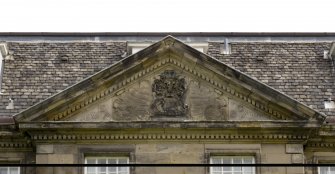 Detail.  Showing East Front pediment with Coat of Arms of William 2nd Earl of Annandale and Sophia Countess of Annandale.