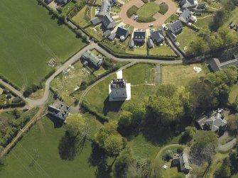 Oblique aerial view centred on Law Castle, taken from the NNE.