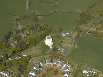 Oblique aerial view centred on Law Castle, taken from the SSW.