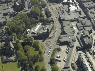 General oblique aerial view centred on the Corn Exchange, taken from the NNE.