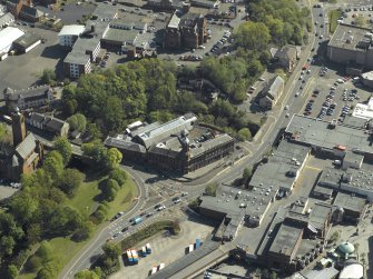 General oblique aerial view centred on the Corn Exchange, taken from the NNW.