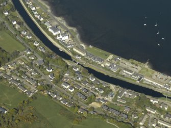 Oblique aerial view centred on the swing bridge, lock and hotels, taken from the SW.