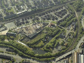 Oblique aerial view of the museum and canal basin, taken from the E.