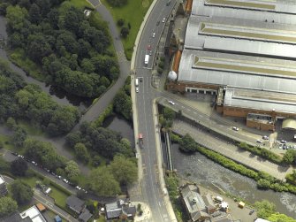 Oblique aerial view centred on the bridge with Old Partick Bridge adjacent, taken from the NW.