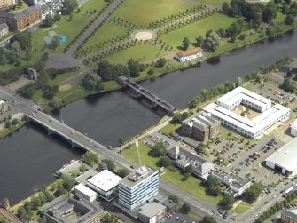 Oblique aerial view of the bridge and weir, taken from the WSW.