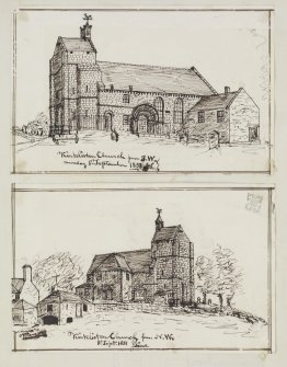 Digital copy of page 49: Ink sketch plans of Kirkliston Church.
Insc. "Kirkliston Church from SW Monday 1 September 1851 JS" and "Kirkliston Church from NW 1 September 1851, J Sime".
'MEMORABILIA, JOn. SIME  EDINr.  1840'.