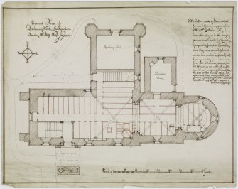 Digital copy of page 49 verso: Ink sketch plan of Dalmeny Church
Insc. "Ground Plan of Dalmeny Kirk, Linlithgowshire. Monday 10th May 1847. Jn. Sime"
'MEMORABILIA, JOn. SIME  EDINr.  1840'