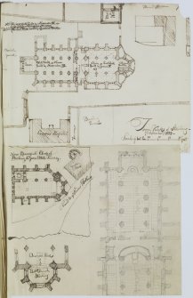 Digital copy of page 51 verso: Ink sketch plan of Town Church of Stirling; ink and pencil sketches of New Episcopal Chapel, Stirling.
Insc. "Town Kirk of Stirling. 7th September 1829. J.S."
Insc. "New Episcopal Chapel, Stirling. 4th June 1844, Tuesday."
'MEMORABILIA, JOn. SIME  EDINr.  1840'