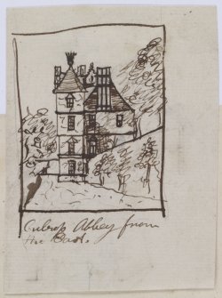 Digital copy of page 57 verso: Ink sketch of Culross Abbey from the East
'MEMORABILIA, JOn. SIME  EDINr.  1840'
