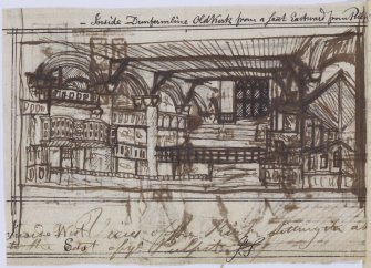 Digital copy of page 60 verso: Ink sketch of interior of Dunfermline Church
Insc. "View sitting in Pulpit looking South. 1805. J.S."
'MEMORABILIA, JOn. SIME  EDINr.  1840'