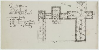 Digital copy of page 61 verso: Ink sketch plan of Balmerino Abbey
Insc. "Ground Plan of Balmerino, Fife. 1841. Rev. G.G.Milne del."
'MEMORABILIA, JOn. SIME  EDINr.  1840'