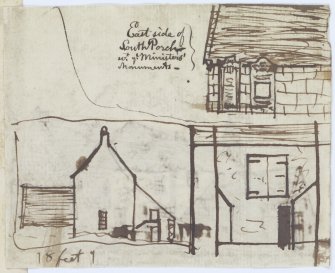 Digital copy of page 63 verso: Rough ink sketch of East side of South porch of Kilconquhar Church, 
'MEMORABILIA, JOn. SIME  EDINr.  1840'
