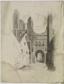 Digital copy of page 83 verso: Arbroath Abbey; etching showing general view of gateway
'MEMORABILIA, JOn. SIME  EDINr.  1840'